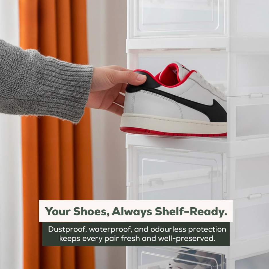 ArceFold™ Transparent Drop-Front Shoe Organiser | For Sneakers, Heels, Boots, Loafers, Slippers (26 cm x 35 cm x 90 cm)