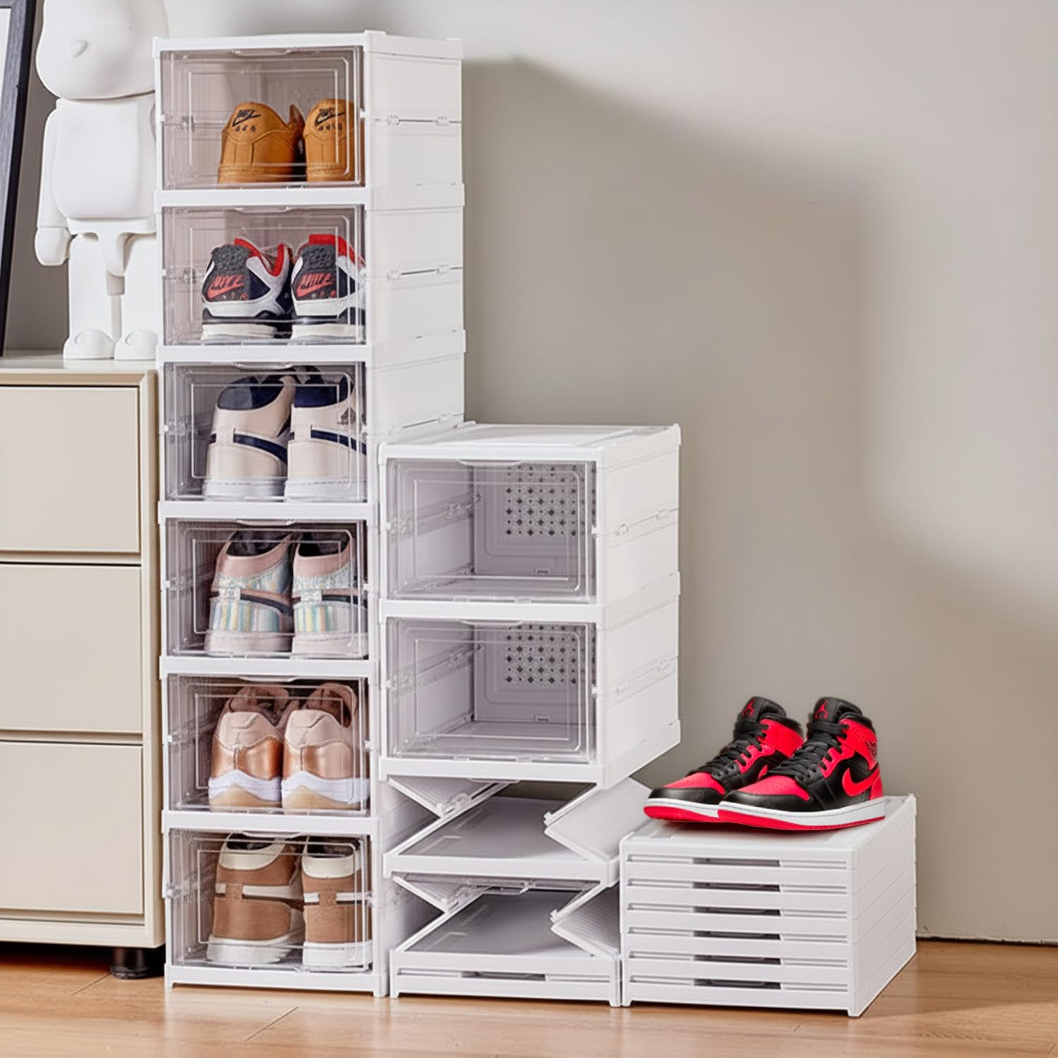 ArceFold™ Transparent Drop-Front Shoe Organiser | For Sneakers, Heels, Boots, Loafers, Slippers (26 cm x 35 cm x 90 cm)