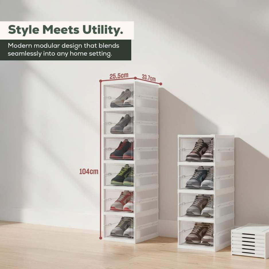 ArceFold™ Transparent Drop-Front Shoe Organiser | For Sneakers, Heels, Boots, Loafers, Slippers (26 cm x 35 cm x 90 cm)