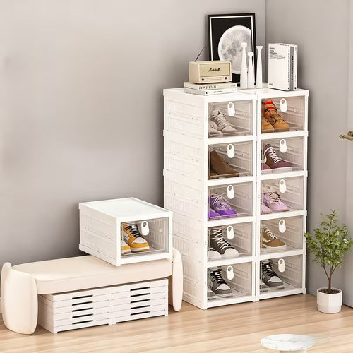 ArceFold™ Transparent Drop-Front Shoe Organiser | For Sneakers, Heels, Boots, Loafers, Slippers (26 cm x 35 cm x 90 cm)